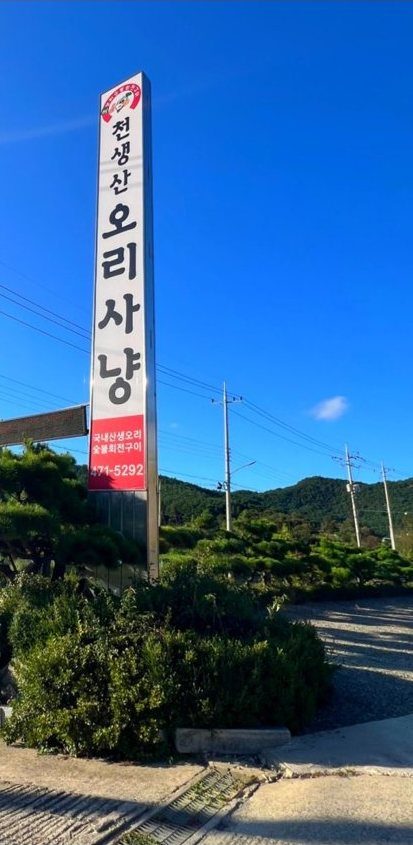 세로 간판 «천생산 오리사냥»과 산